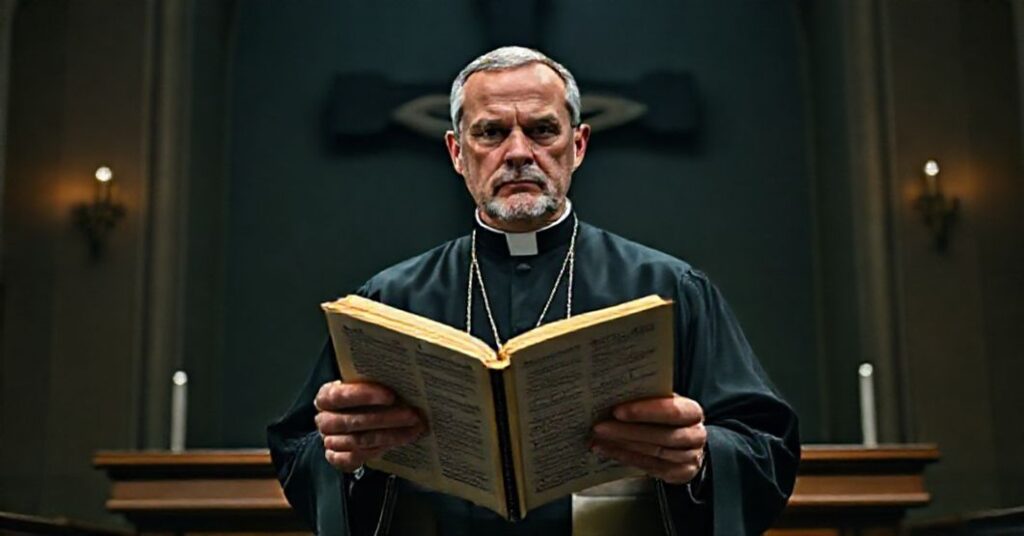 Ksiądz w tradycyjnym habitach stoi przed amboną w słabo oświetlonym kościele, trzymając otwartą Biblię z wersetami. Na tle widnieje ciemny krzyż, symbolizujący zapomnianą ofiarę. Wyraz twarzy księży jest poważny, odzwierciedlając obawy dotyczące modernistycznych zniekształceń wiary.