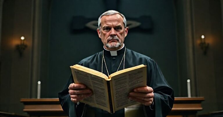 Ksiądz w tradycyjnym habitach stoi przed amboną w słabo oświetlonym kościele, trzymając otwartą Biblię z wersetami. Na tle widnieje ciemny krzyż, symbolizujący zapomnianą ofiarę. Wyraz twarzy księży jest poważny, odzwierciedlając obawy dotyczące modernistycznych zniekształceń wiary.