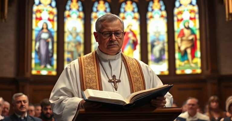 Ksiądz w tradycyjnych szatach liturgicznych przemawia do zebranego zgromadzenia w kościele, podkreślając zagrożenie modernizmu dla prawdy katolickiej.