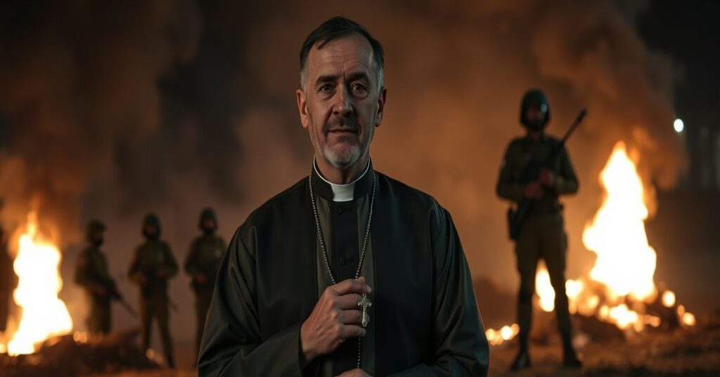 Katolicki ksiądz w tradycyjnych szatach kapłańskich przed palącą się redakcją gazety w Dhace, Bangladesz. Na tle widoczne dym i płomienie, a w odległości wojskowi.