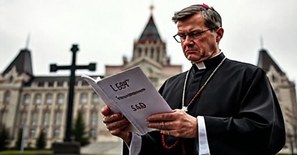 Ksiądz katolicki przy budynku Parlamentu Kanadyjskiego w Ottawie czytający dokument budżetowy z funduszami na propagandę LGBT z wyraźnym nieapprobatyjnym wyrazem twarzy