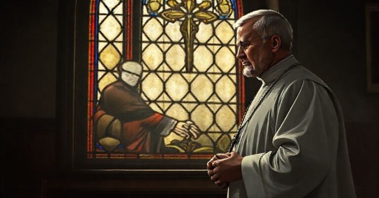 Tradycyjny katolicki ksiądz w kościele z troską patrzący na scenę zdrady: rzekomy kardynał Claudio Gugerotti uściska ręce z dyktatorem białoruskim Aleksandrem Łukaszenką.