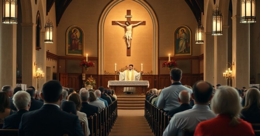 Wnętrze kościoła katolickiego z tradycyjnym ołtarzem podczas kazania księdza o rzekomej "amnestii" Bożej.