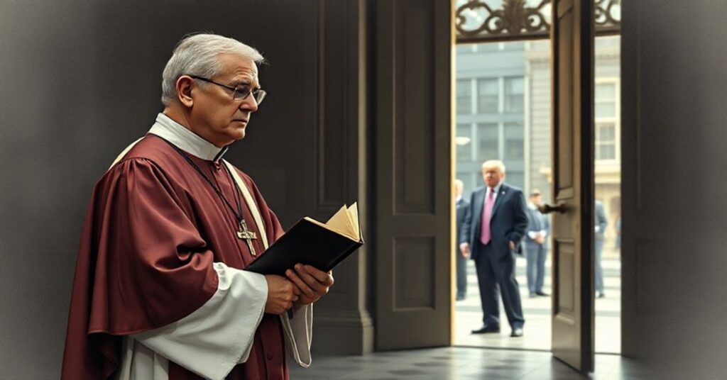 Ksiądz w tradycyjnym stroju liturgicznym patrzy z troską na polityka stojącego przed drzwiami kościoła - symbolika odrzucenia sakramentów.