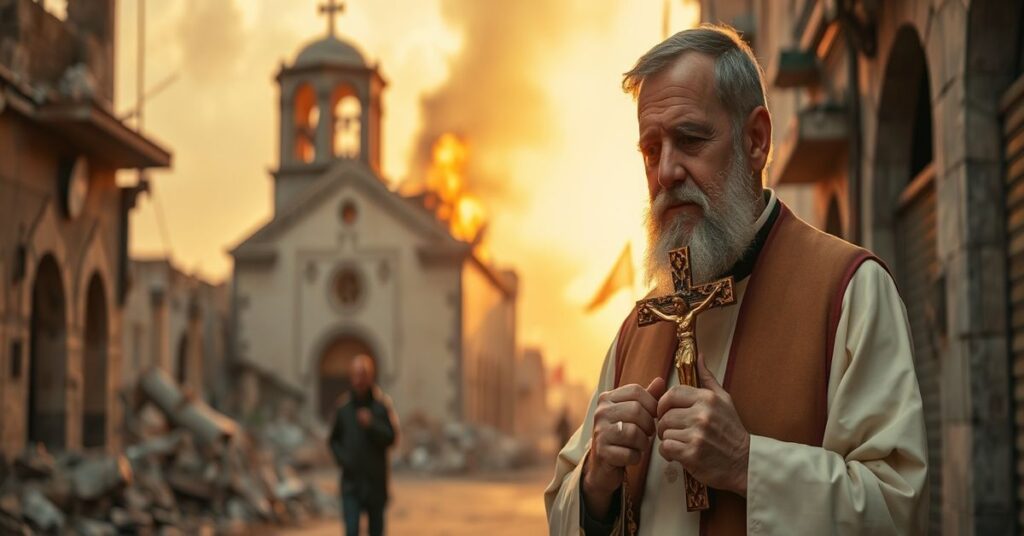 Tradycyjny katolicki ksiądz w stroju liturgicznym pomaga rannym chrześcijanom palestyńskim w zniszczonej ulicy w Gazie. Na tle spalającej się kościoła widoczna jest rozbita dzwonnica.