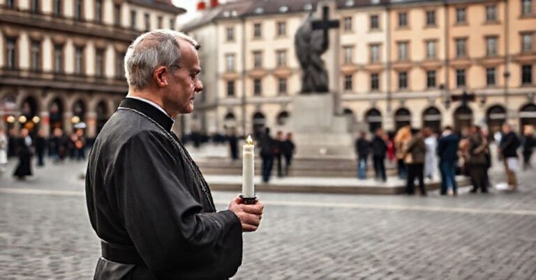 Ksiądz katolicki trzymający świecę przed pomnikiem upamiętniajnym ofiar polskich z II wojny światowej w historycznym miejscu w Europie