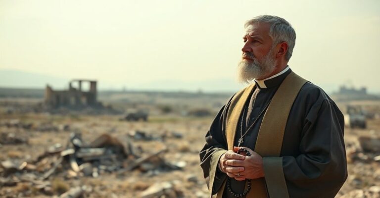Ksiądz w tradycyjnych szatach liturgicznych stojący przed zniszczonym krajobrazem Strefy Gazy, trzymający różaniec i patrzący z głęboką troską.