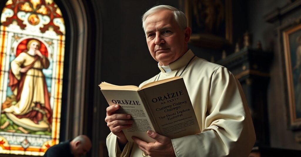 Czczony katolicki ksiądz w tradycyjnym sutannie trzyma dokument Leonem XIV o Dniu Chorych