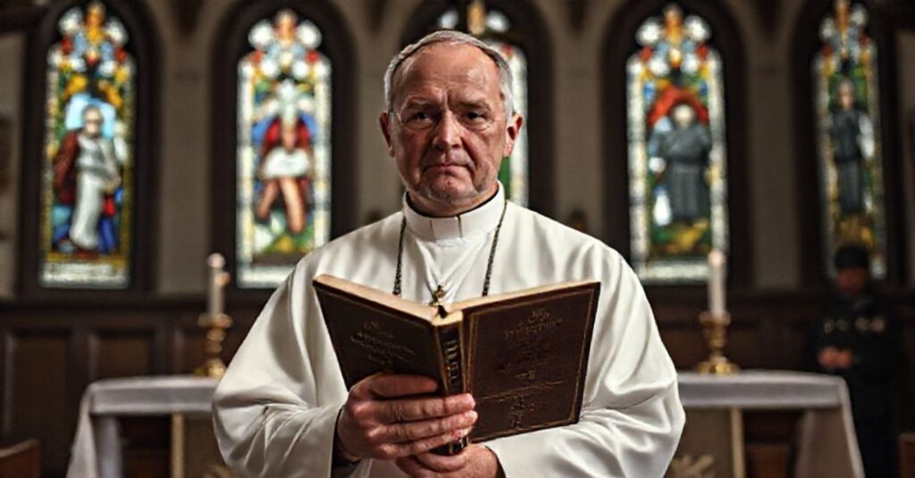 Tradycyjny ksiądz w białej sutannie i kapelużu stoi przed ołtarzem z krucyfiksem i światłami nawadniającymi. Trzyma egzemplarz Kodeksu Prawa Kanonicznego z 1917 roku.