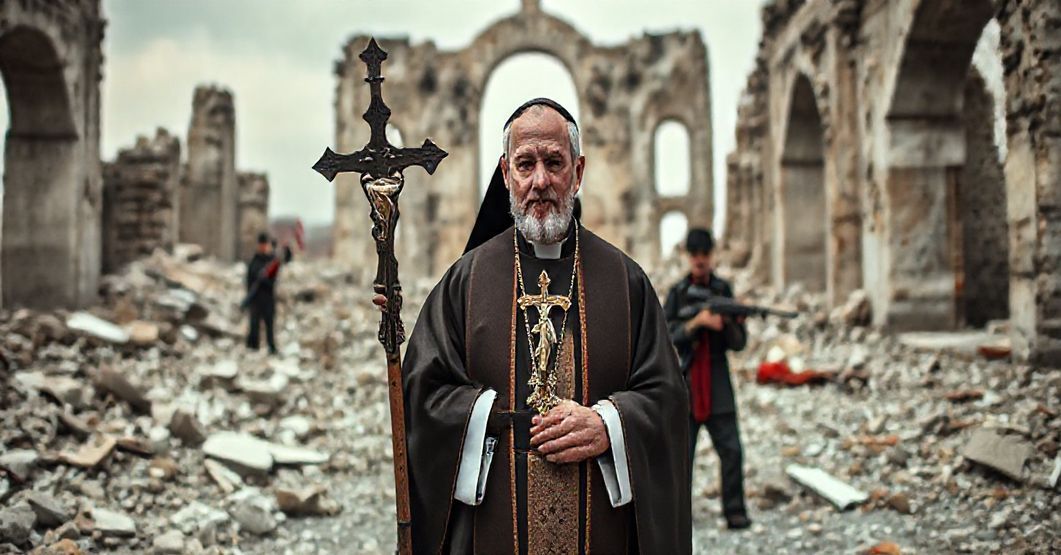 Książ katolicki w tradycyjnym stroju liturgicznym stoi w ruinach zniszczonego kościoła z krzyżem w rókach, na tle bojówcy kurdyjscy. Scena symbolizuje upadek moralny i duchowy politycznego pokoju bez chrześcijańskich fundamentów.