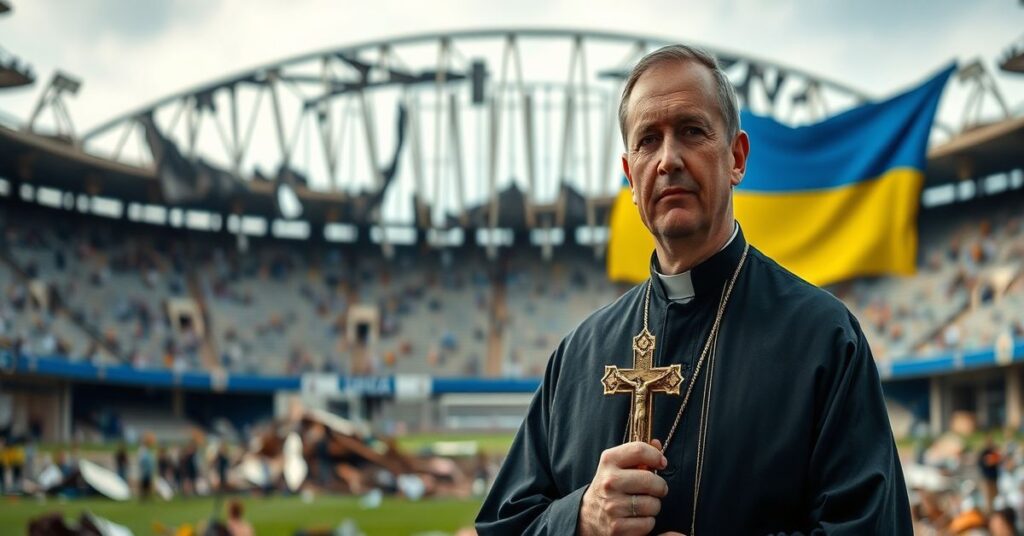 Ksiądz w liturgicznych szatach stojący przed zniszczonym kościołem ukraińskim z krzyżem, w tle stadion FIFA z flagami rosyjskimi i ukraińskimi rozdartymi.