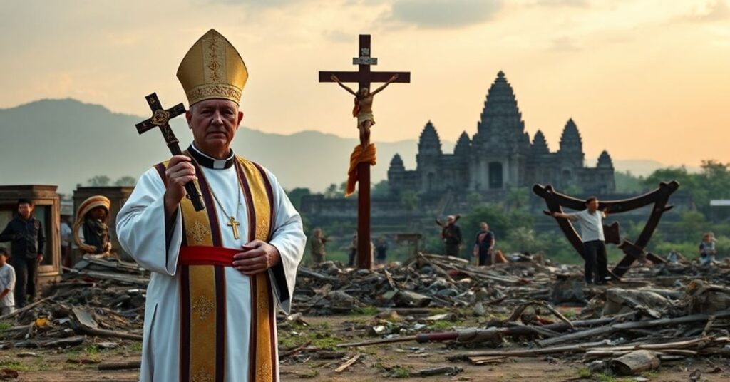 Tradycyjny katolicki ksiądz w szatach liturgicznych stoi w zniszczonym krajobrazie przy granicy tajlandzko-kambodżańskiej z widokiem na ruiny świątyni Preah Vihear na tle. Przedstawia symbolicznie duchową walkę o nawrócenie narodów.