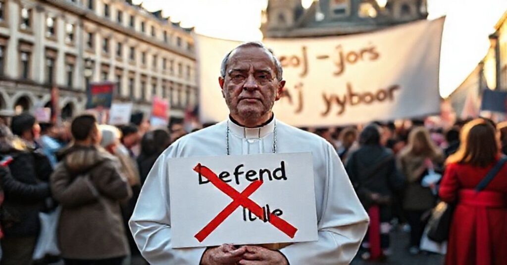 Ksiądz w tradycyjnych szatach stojący przed tłumem manifestantów w europejskim mieście.Plakaty z napisami "Obrońcy życia" i "Mój głos, mój wybór" przekreślone czerwonym krzyżykiem.