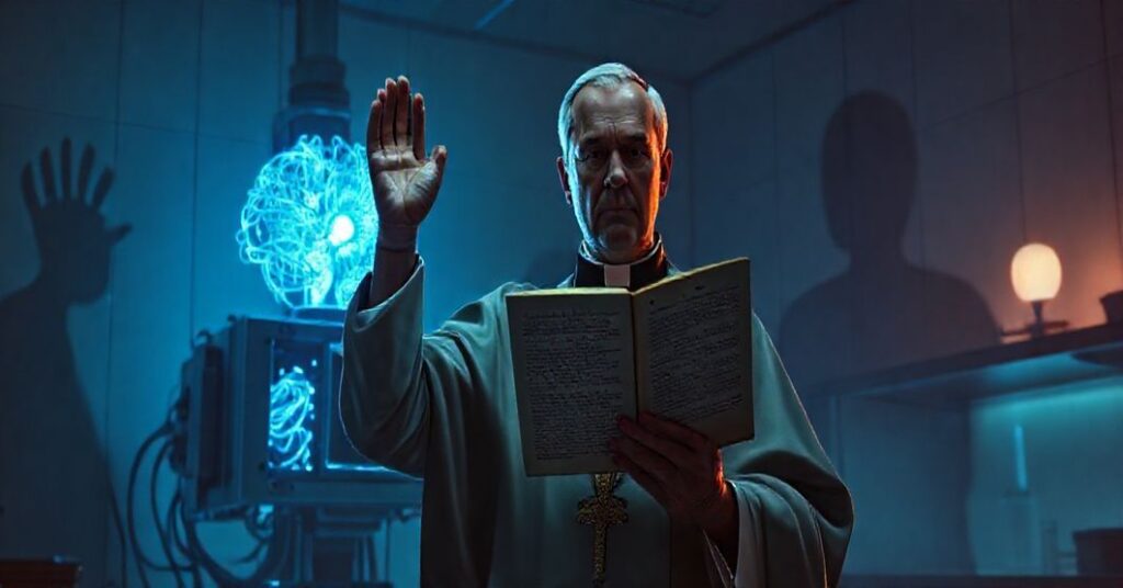 Ksiądz w tradycyjnych szatach liturgicznych protestuje przeciwko biokomputerom opartym na ludzkich neuronach w laboratorium