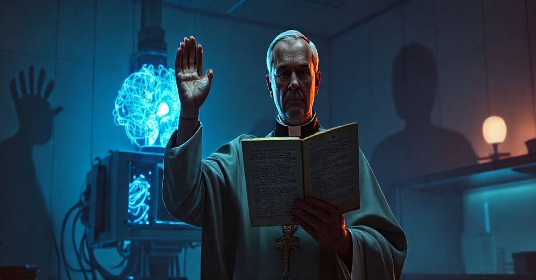 Ksiądz w tradycyjnych szatach liturgicznych protestuje przeciwko biokomputerom opartym na ludzkich neuronach w laboratorium