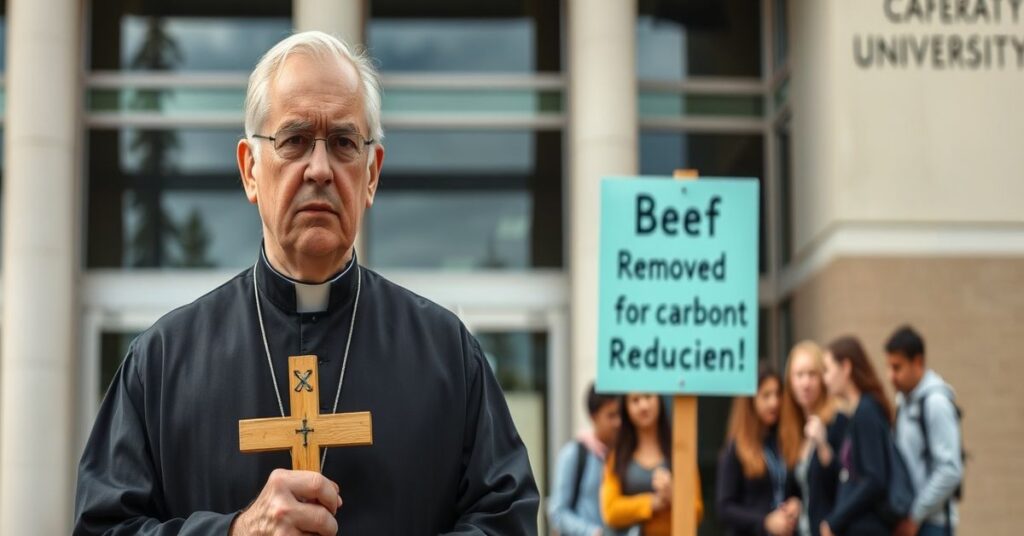 Katolicki ksiądz w tradycyjnych szatach kościelnych stojący przed budynkiem uniwersyteckim, trzymając krzyż drewniany podczas protestu przeciwko zakazowi wołowiny