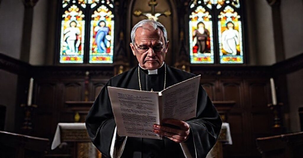 Ksiądz w tradycyjnym ornacie przy ołtarzu z krzyżem, wyrażający smutek i oburzenie z powodu decyzji sądu dotyczącej zmiany płci dziecka.