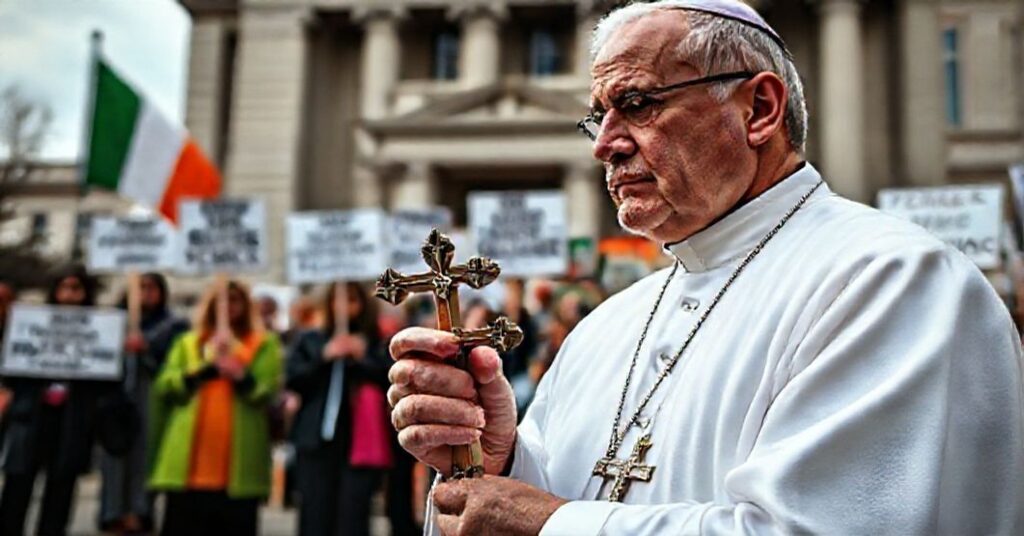 Tradycyjny katolicki ksiądz w białych szatach trzymający krucyfiks stoi przed grupą aktywistów pro-life z niejasnymi hasłami przed budynkiem rządowym.