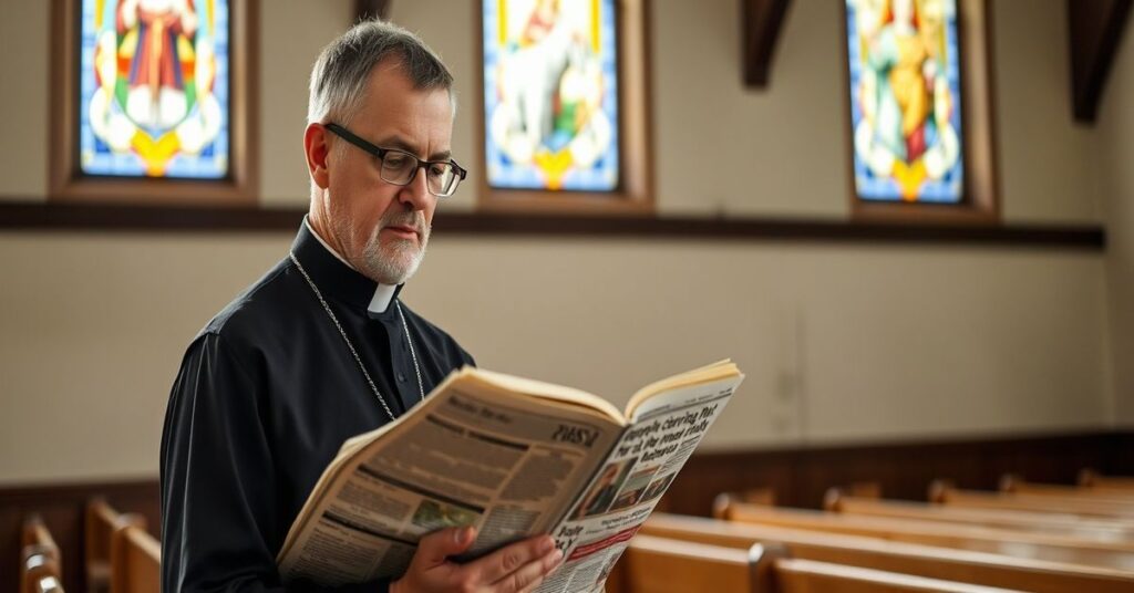 Ksiądz katolicki trzymający gazetę z informacją o zatwierdzeniu genetycznie modyfikowanej wieprzowiny w Kanadzie, na tle kościoła.