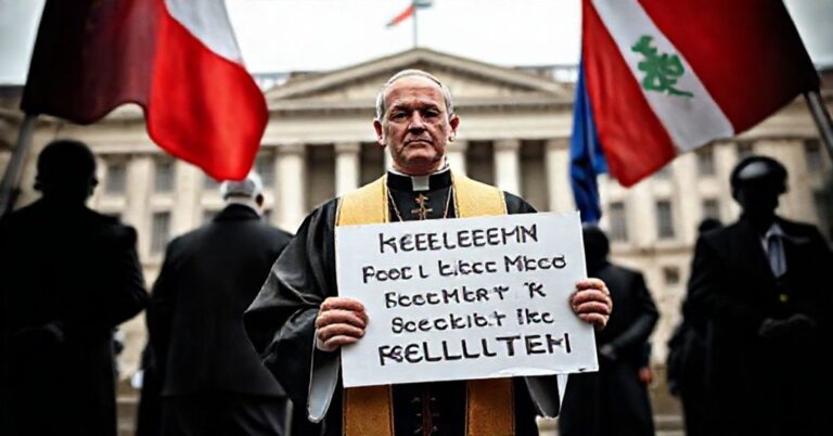 Ksiądz w tradycyjnych szatach liturgicznych protestuje przed budynkiem Parlamentu Europejskiego przeciwko unijnemu mechanizmowi śmierci i aborcji.