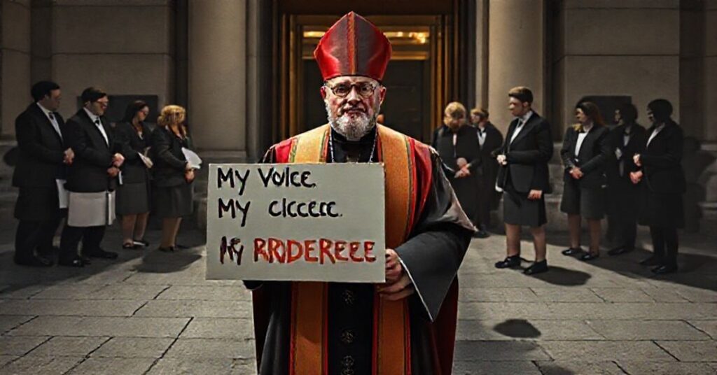 Sedewakantystyczny ksiądz w tradycyjnych szatach protestuje przed Parlamentem Europejskim w Brukseli przeciwko inicjatywie 'My Voice, My Choice' jako narzędziu kultury śmierci