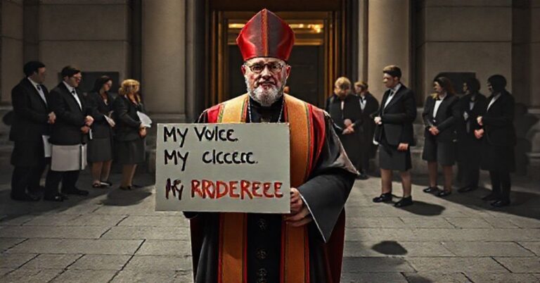 Sedewakantystyczny ksiądz w tradycyjnych szatach protestuje przed Parlamentem Europejskim w Brukseli przeciwko inicjatywie 'My Voice, My Choice' jako narzędziu kultury śmierci