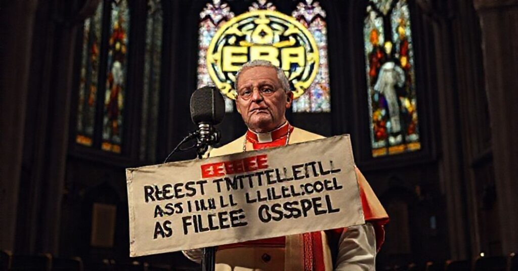 Ksiądz w tradycyjnym habitach protestuje przed mikrofonem Radia Watykańskiego przeciwko sztucznej inteligencji, z widocznym logo EBU w tle.