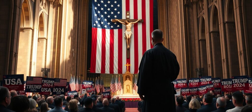Ksiądz katolicki potępia laicki mesjanizm w prasie posoborowej podczas uroczystości niepodległościowych USA w katolickim kościele