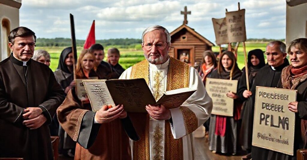 Ksiądz w tradycyjnych szatach kościelnych przemawia do wiernych w kościele na tle polskiego krajobrazu