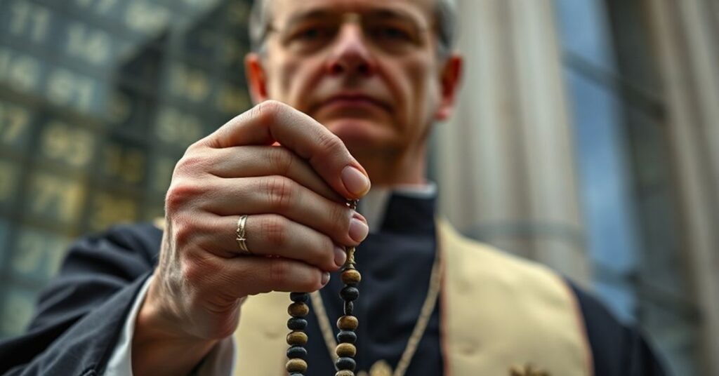 Katolicki ksiądz w tradycyjnych szatach trzyma psuty różaniec przed bankiem z odbijającymi się cyframi.