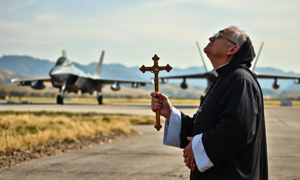 Ksiądz w tradycyjnych szatach stojący przed bazą wojskową z myśliwcami F-35 i F-15IA na tle. Symbolizuje duchowy konflikt między pokojem boskim a bezpieczeństwem światowym.