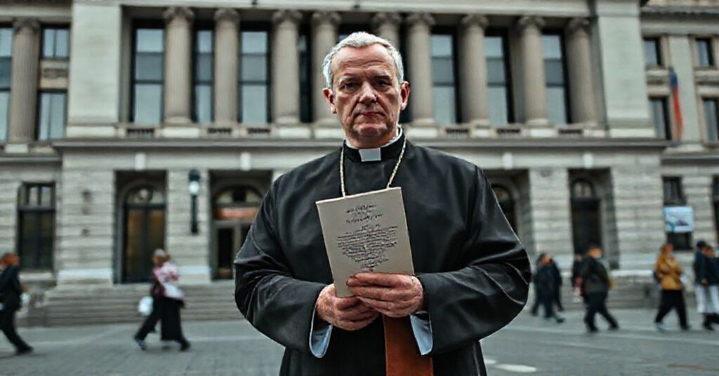 Katolicki ksiądz w tradycyjnych ornatach stoi przed nowoczesnym budynkiem rządowym, trzymając kopię encykliki 'Quas Primas' Piusa XI. Budynek jest ozdobiony symbolami współczesnej laicyzacji.