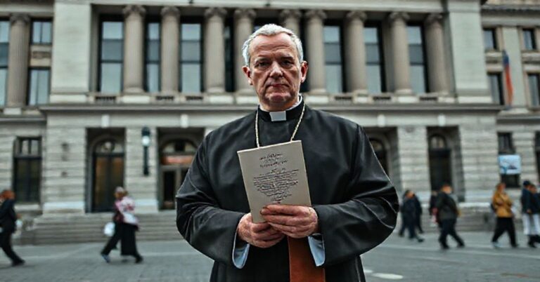 Katolicki ksiądz w tradycyjnych ornatach stoi przed nowoczesnym budynkiem rządowym, trzymając kopię encykliki 'Quas Primas' Piusa XI. Budynek jest ozdobiony symbolami współczesnej laicyzacji.