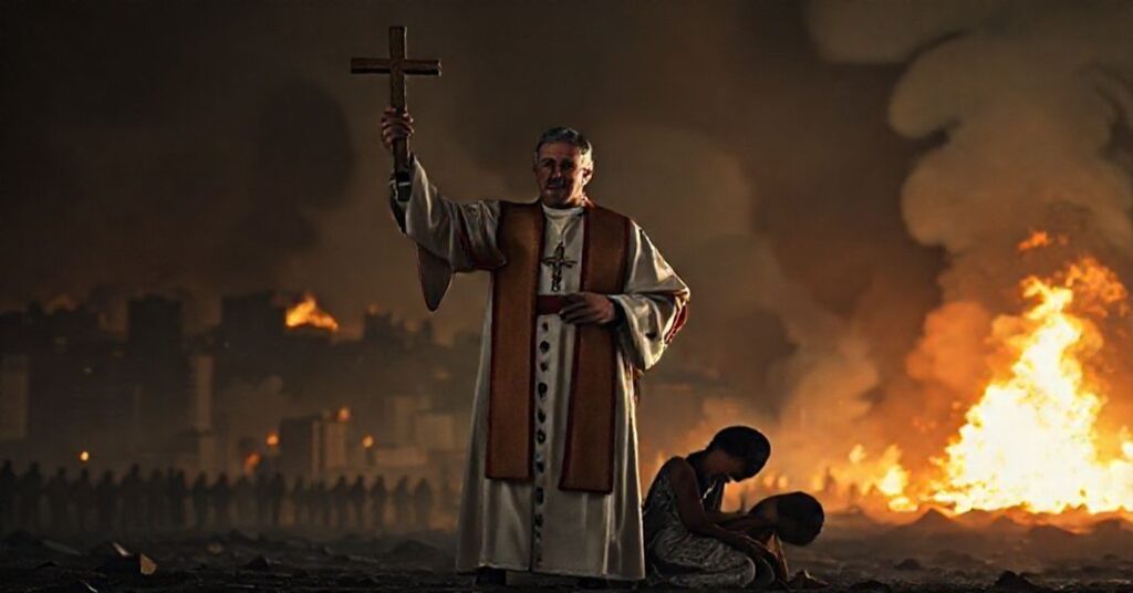 Ksiądz w tradycyjnych szatach modląc się przed burzliwym miastem w Hiszpanii, symbolizujący duchową pustkę i kryzys cywilizacji chrześcijańskiej.