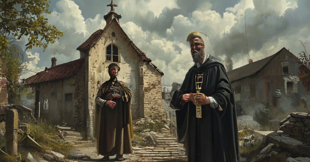 Katolicki ksiądz w tradycyjnych szatach liturgicznych stoi przed wiejską cerkwią w Rumunii, symbolizując opór wiary wobec tyranii.