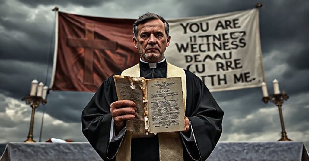 Tradycyjny katolicki ksiądz trzymający orędzie Leona XIV z tłem współczesnej herezji i desekracji