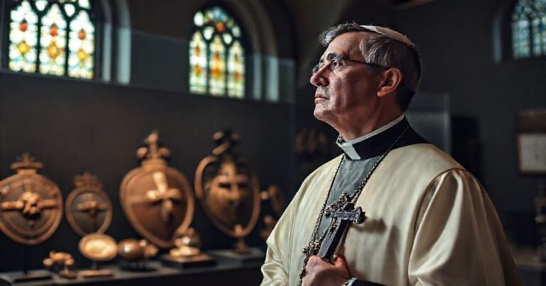 Książ katolicki w tradycyjnych szatach liturgicznych stoi przed wystawą zwróconych etiopskich artefaktów w muzeum, jego twarz wyraża powagę podczas trzymania krzyża. Artefakty obejmują tarcze i korony.