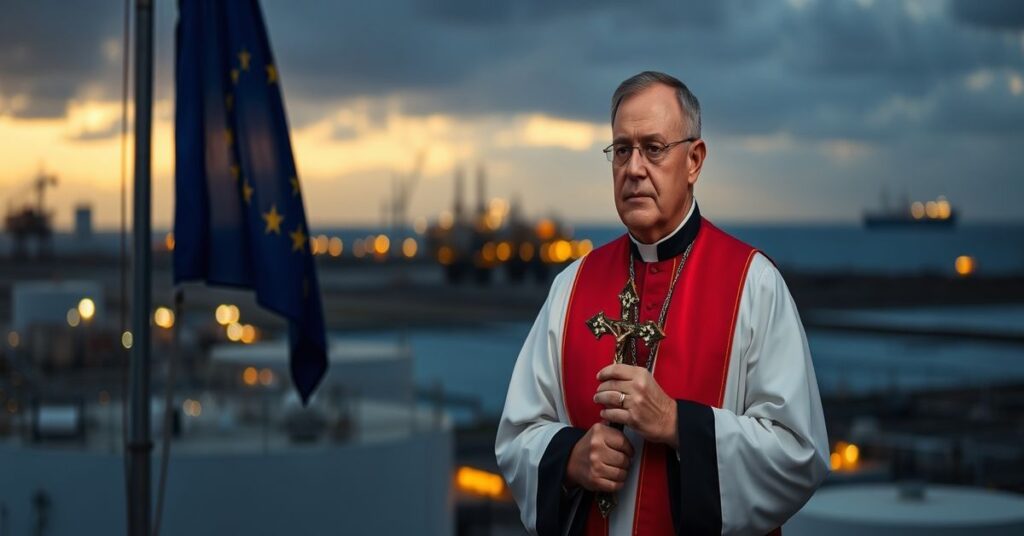 Ksiądz w tradycyjnych szatach przed flagą UE, trzymający krzyż z tłem gazowych zbiorników i Cieśniny Hormuz