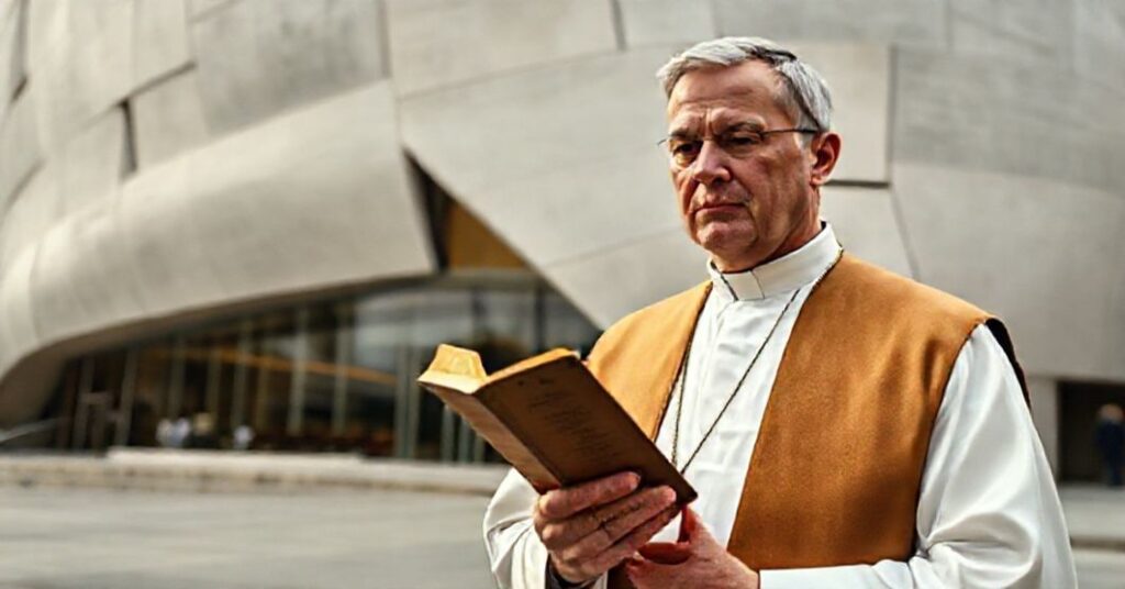 Ksiądz w tradycyjnych szatach liturgicznych stojący przed Guggenheim Bilbao Franka Gehry'ego, trzymając kopię Quas primas Piusa XI.