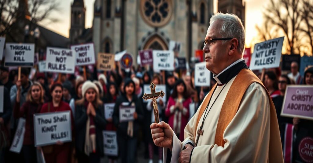 Ksiądz w tradycyjnych szatach liturgicznych stoi przed katedrą w Ottawie podczas demonstracji antyaborcyjnej.