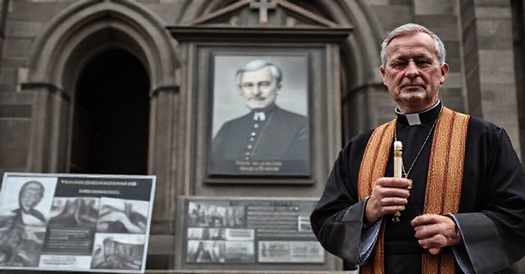 Ksiądz w tradycyjnych szatach kościelnych stoi przed kościołem polskim, trzymając świecę w hołdzie. Na tle widnieje wyblakły zdjęcie Jana Karskiego obok tablicy Yad Vashem i obrazów polskich męczenników.