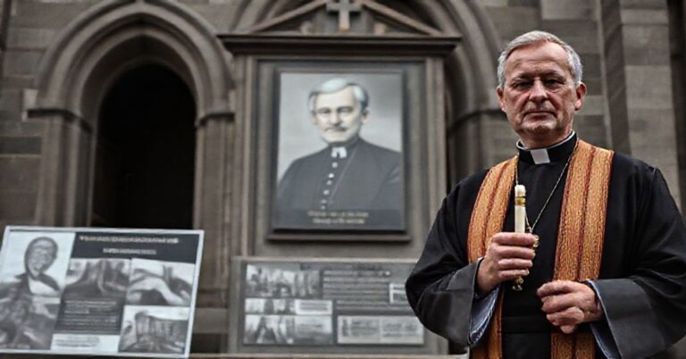 Ksiądz w tradycyjnych szatach kościelnych stoi przed kościołem polskim, trzymając świecę w hołdzie. Na tle widnieje wyblakły zdjęcie Jana Karskiego obok tablicy Yad Vashem i obrazów polskich męczenników.
