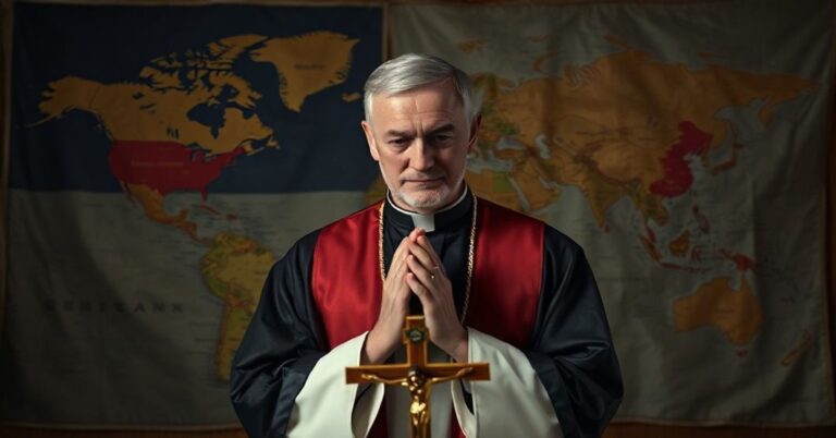 Ksiądz w tradycyjnych szatach kapłańskich przed mapą świata z oznaczeniami porzuconych placówek dyplomatycznych. Symbolizuje on sprzeciw wobec polityki "America First" w świetle nauki Kościoła o uniwersalnym królestwie Chrystusa.