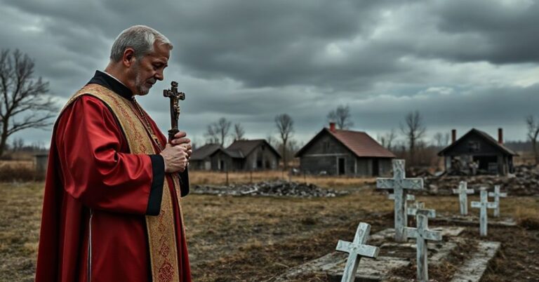 Katolicki ksiądz w tradycyjnych szatach liturgicznych stoi przed zbiorową mogiłą w zniszczonej wsi podkarpackiej, trzymając krzyż. Na tle widoczne są zniszczone domy i ponury niebo.