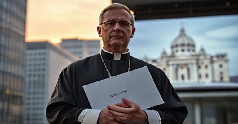 Katolicki ksiądz w tradycyjnych ornatach stoi przed nowoczesną siedzibą korporacji Microsoft, trzymając list z logo firmy.