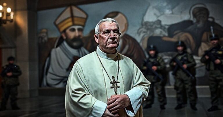 Tradycyjny ksiądz katolicki w pełnym stroju liturgicznym stoi przed kontrowersyjnym muralem ks. Franciszka Blachnickiego w Bogdankach.