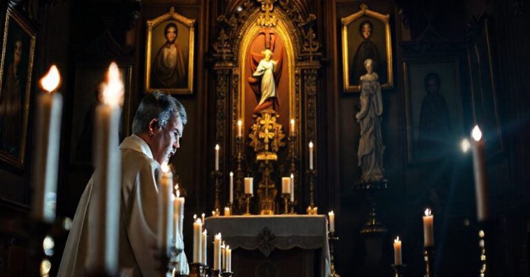 Tradycyjny ksiądz katolicki w kaplicy, modlący się przed Najświętszym Sakramentem w monstrancji, otoczony poświęconymi świecami.