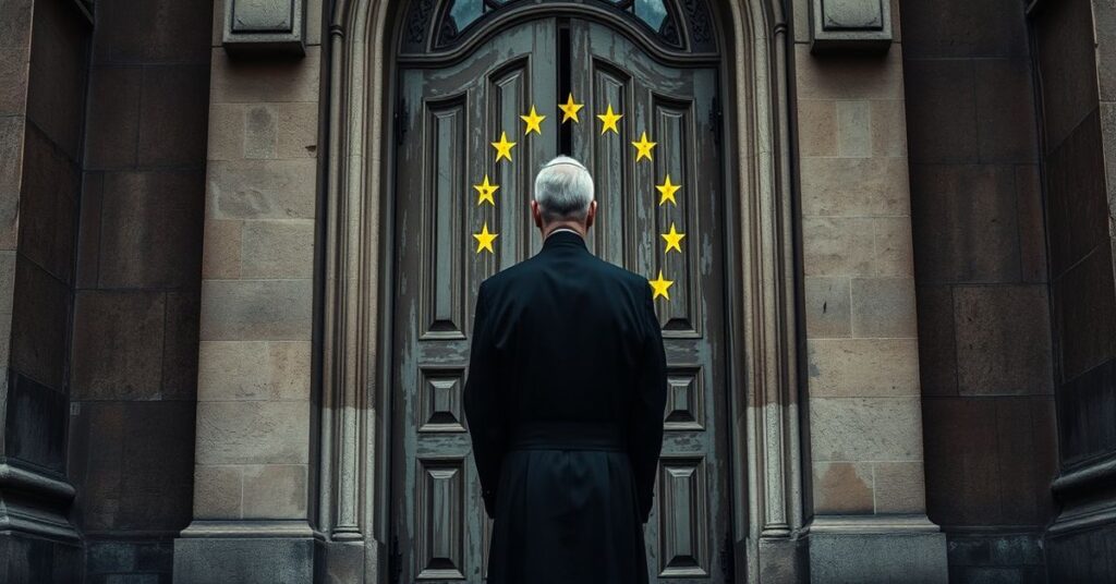 Ksiądz w sutannie stoi przed zniszczonym kościelnym drzwiami symbolizującymi upadek wiary w sekcie posoborowej. Widoczna jest flaga UE na tle.