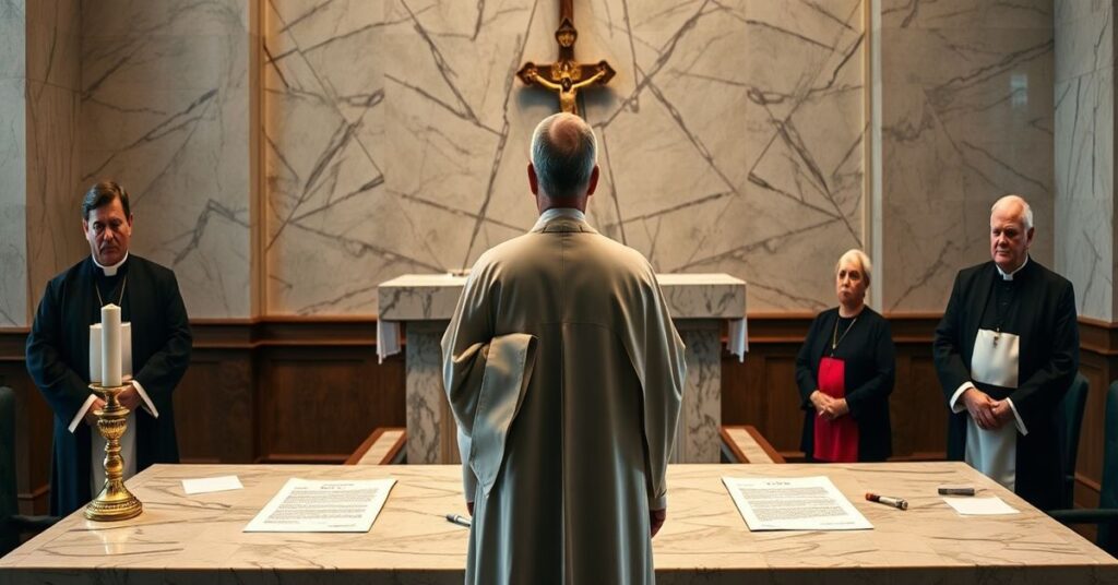 Ksiądz w tradycyjnych szatach liturgicznych stoi przed ołtarzem z krzyżem, patrząc na scenę sądową gdzie urzędnicy administracji Trumpa blokują prawo do życia.