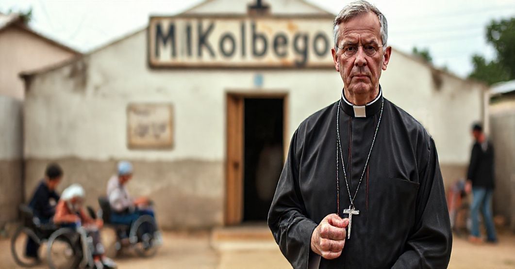 Tradycyjny ksiądz w sutannie stoi przed ośrodkiem społecznym z osobami niepełnosprawnymi zaangażowanymi w świeckie działania. Na tle widoczny jest przyćmiony znak parafii 'MMKolbego', ksiądz trzyma różaniec.